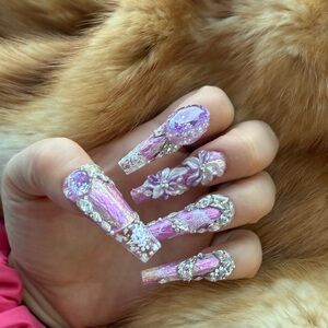 Pink and Silver Embellished Nail Art